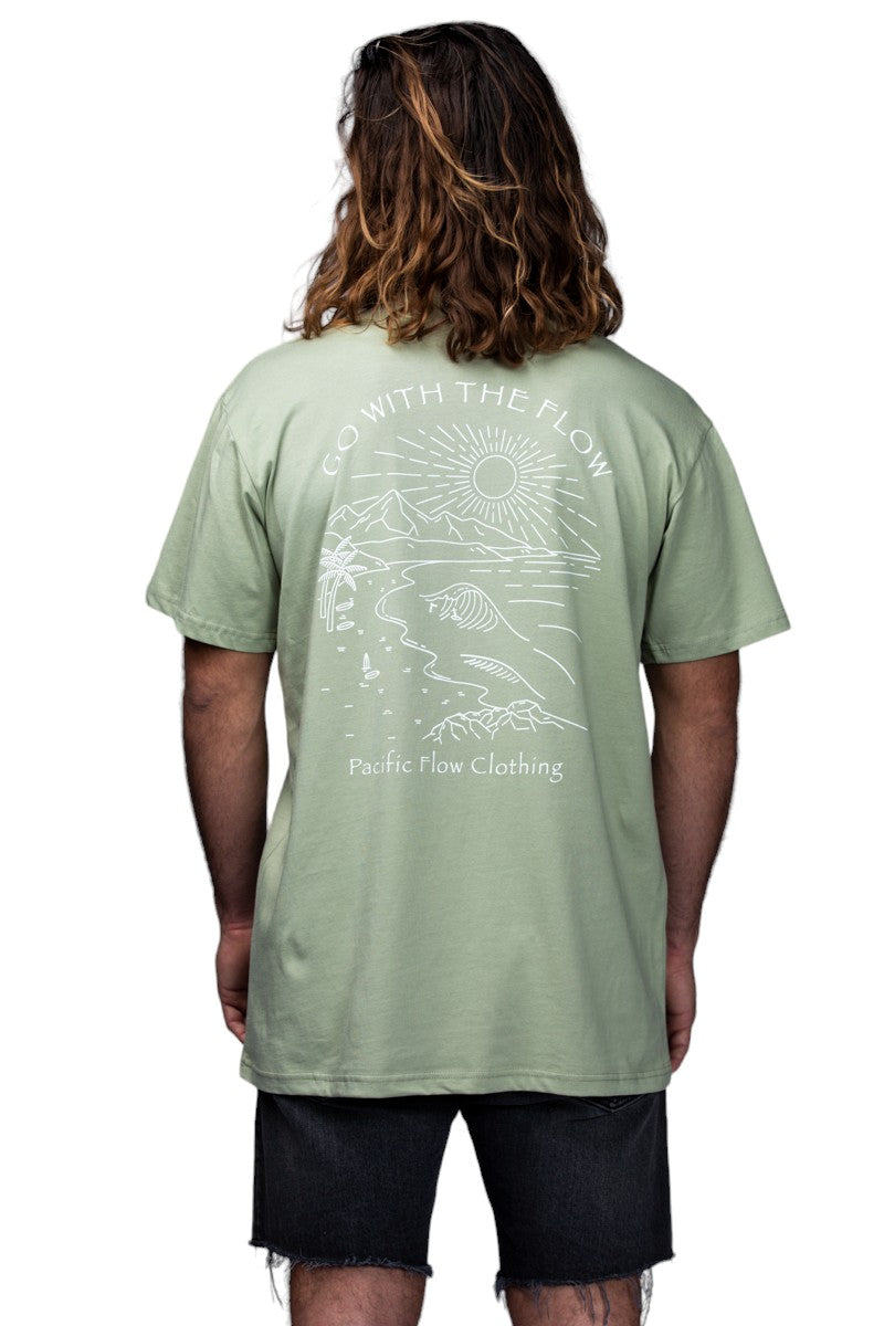 a view of the mountains, the ocean, a surfer and the shipwreck from Byron Bay on a Pistachio shirt