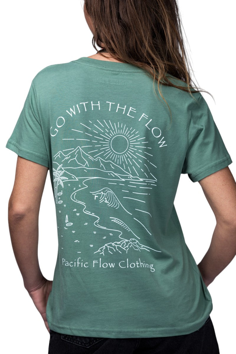 a view of the mountains, the ocean, a surfer and the shipwreck from Byron Bay on a sage shirt