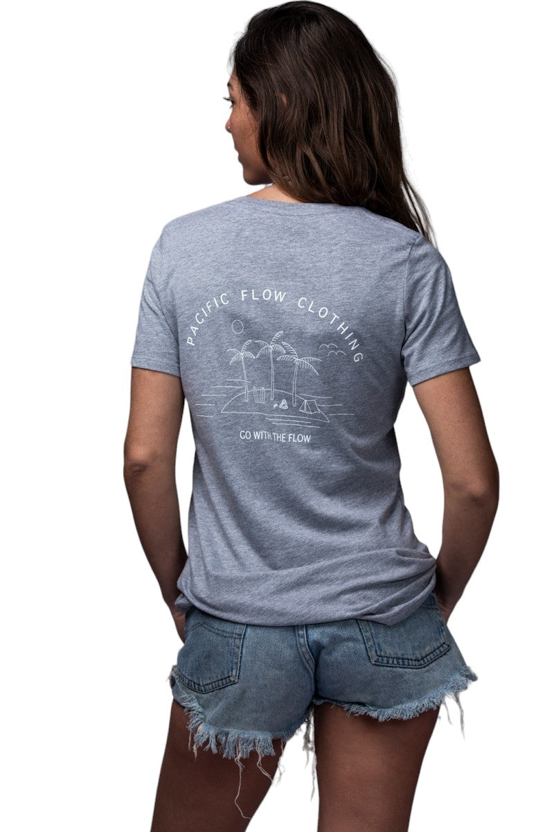 A grey marle tshirt with the front Pacific Flow logo that includes a surfboard and two palm trees.